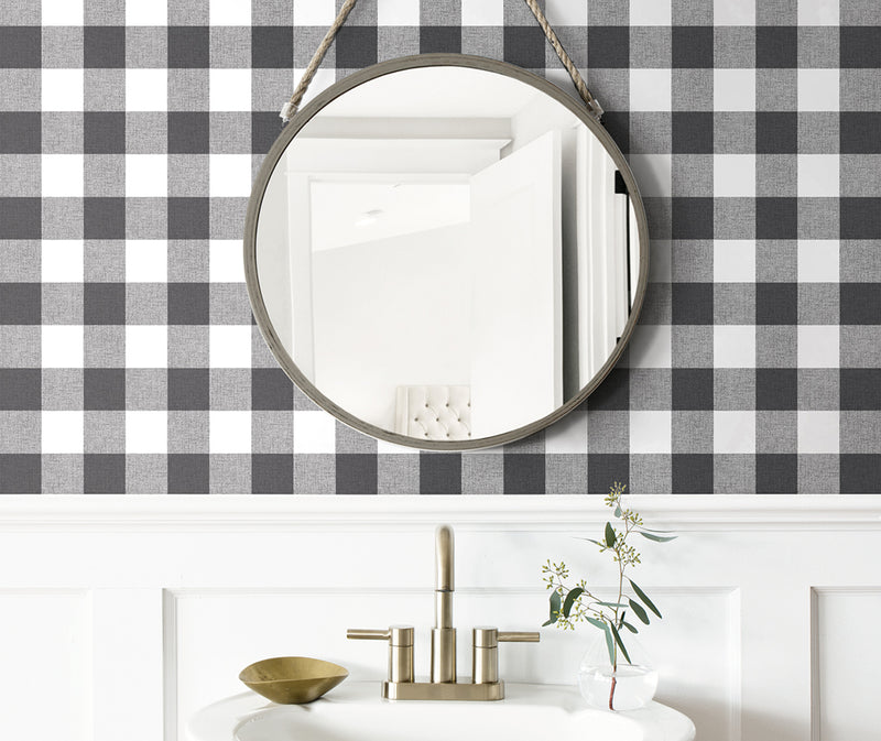 media image for Picnic Plaid Peel-and-Stick Wallpaper in Black and White by NextWall 246