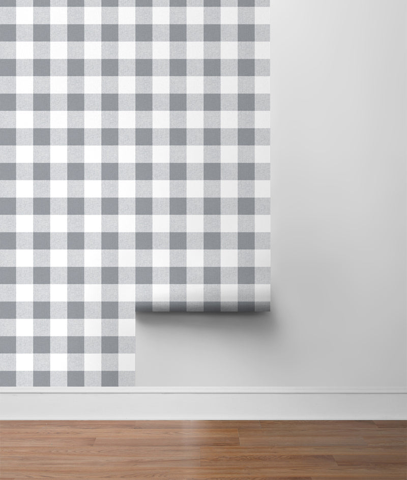 media image for Picnic Plaid Peel-and-Stick Wallpaper in Grey and White by NextWall 210