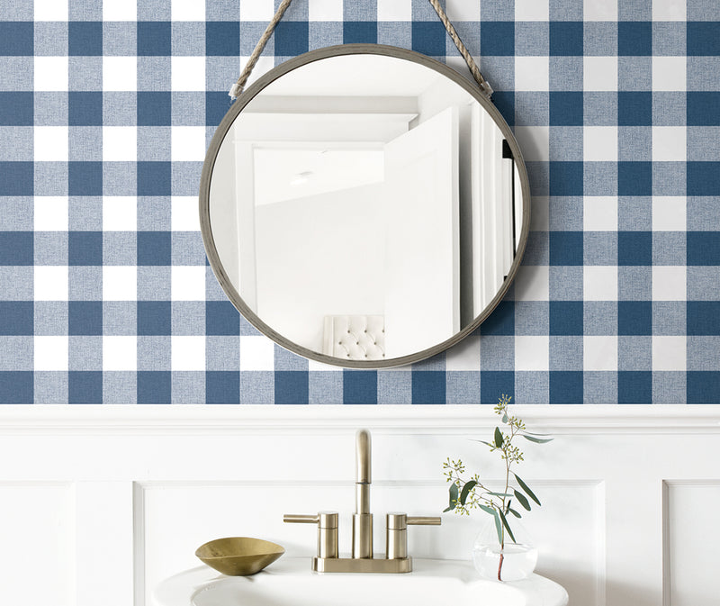 media image for Picnic Plaid Peel-and-Stick Wallpaper in Navy and White by NextWall 254