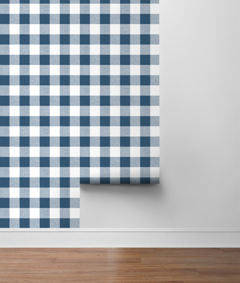 media image for Picnic Plaid Peel-and-Stick Wallpaper in Navy and White by NextWall 221