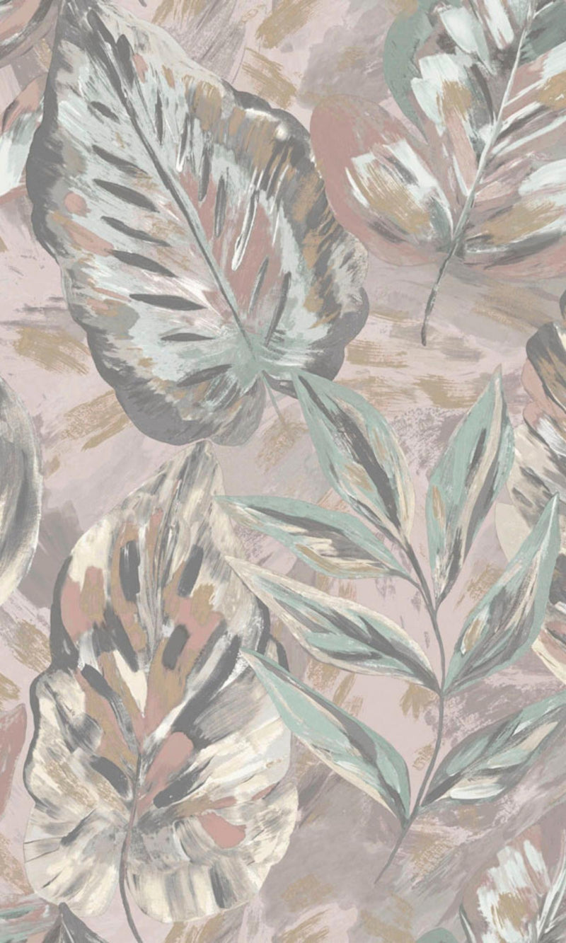 media image for Pink Aralia Leaves Metallic Textured Botanical Wallpaper by Walls Republic 210