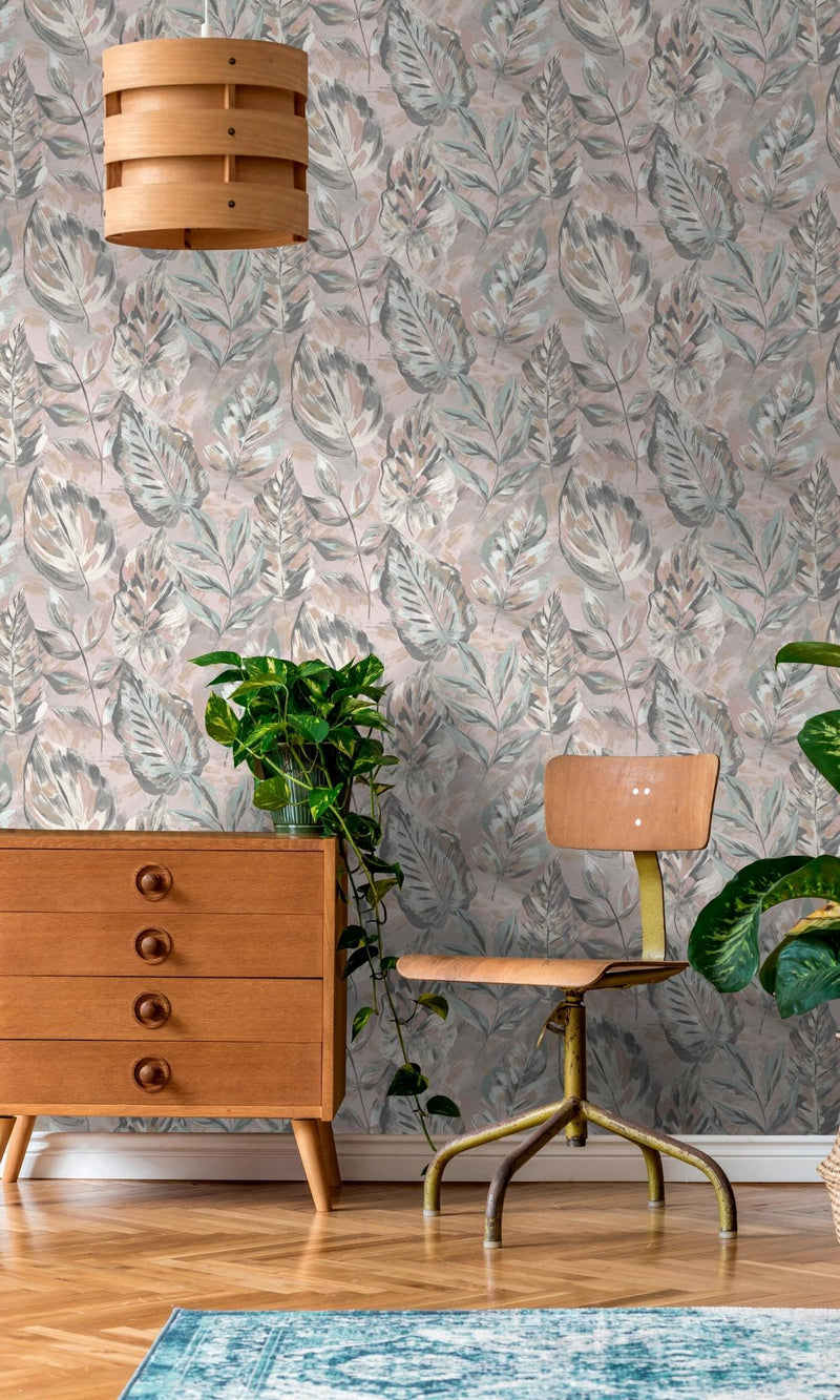 media image for Pink Aralia Leaves Metallic Textured Botanical Wallpaper by Walls Republic 239