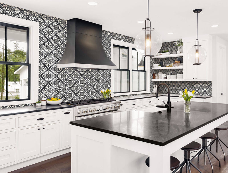media image for Plumosa Tile Wallpaper in Ebony and Silver from the Luxe Retreat Collection by Seabrook Wallcoverings 287