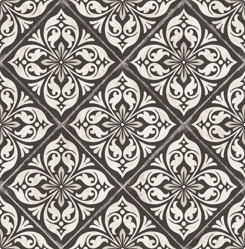 media image for Plumosa Tile Wallpaper in Ebony and Silver from the Luxe Retreat Collection by Seabrook Wallcoverings 217