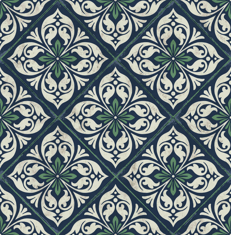 media image for Plumosa Tile Wallpaper in Midnight Blue and Spearmint from the Luxe Retreat Collection by Seabrook Wallcoverings 280
