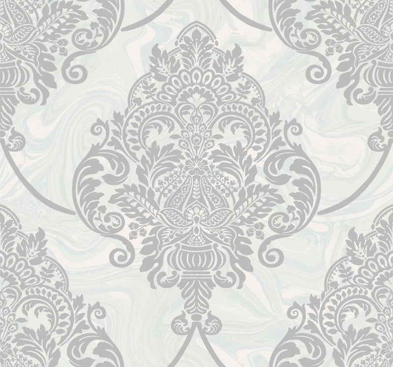 media image for Puff Damask Wallpaper in Silver Glitter and Off-White from the Casa Blanca II Collection by Seabrook Wallcoverings 248