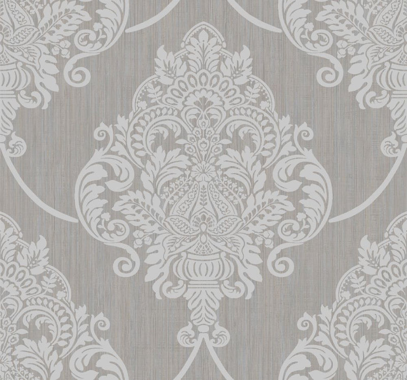 media image for Puff Damask Wallpaper in Silver Glitter and Tan from the Casa Blanca II Collection by Seabrook Wallcoverings 226