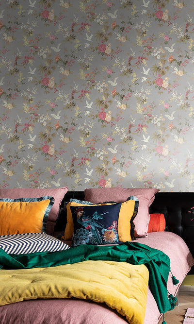 product image for Dreamy Vintage Birds and Floral Grey Wallpaper by Walls Republic 56