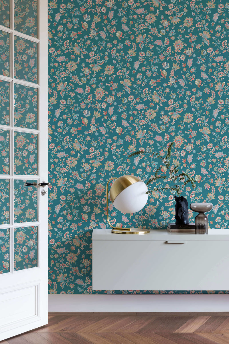 media image for Vintage Paisley Blossoms Turquoise Wallpaper by Walls Republic 212