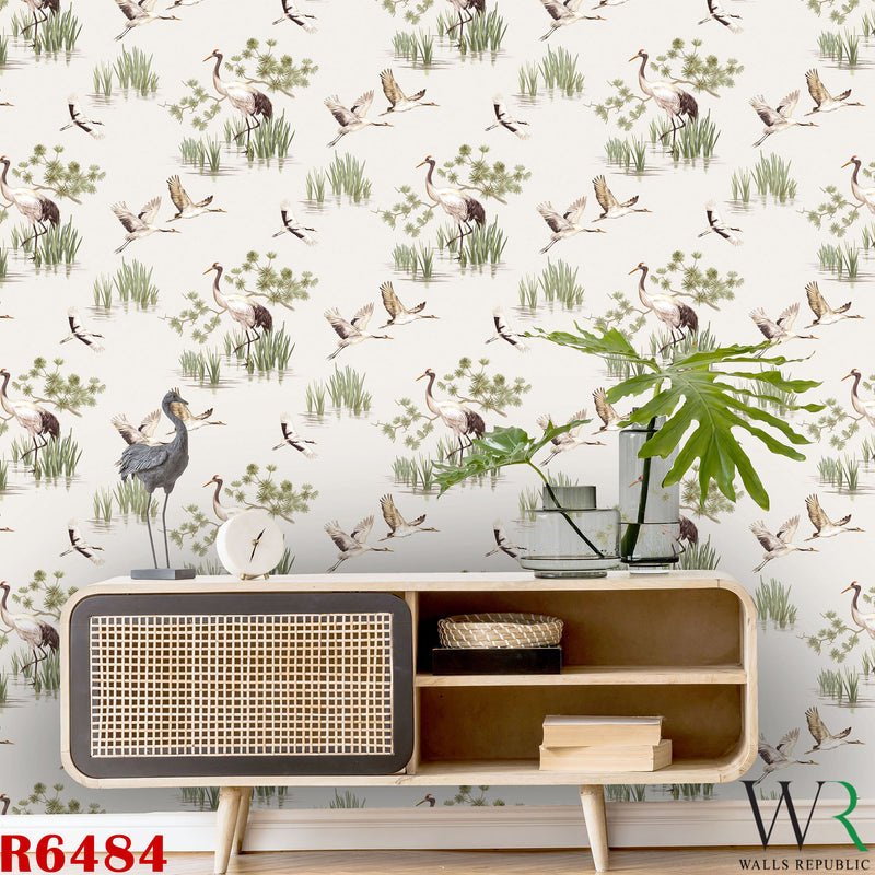 media image for Cranes in Water White Wallpaper by Walls Republic 220