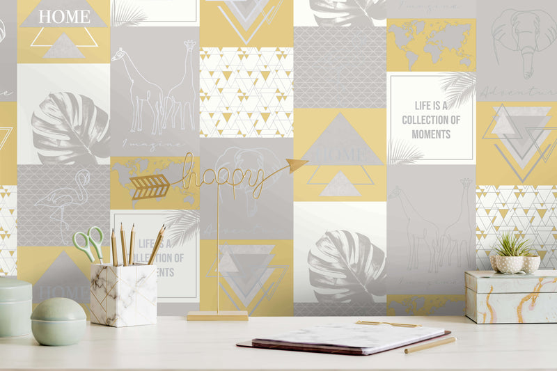 media image for Metallic Collage Yellow and Grey Wallpaper by Walls Republic 216