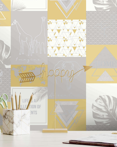 product image for Metallic Collage Yellow and Grey Wallpaper by Walls Republic 80