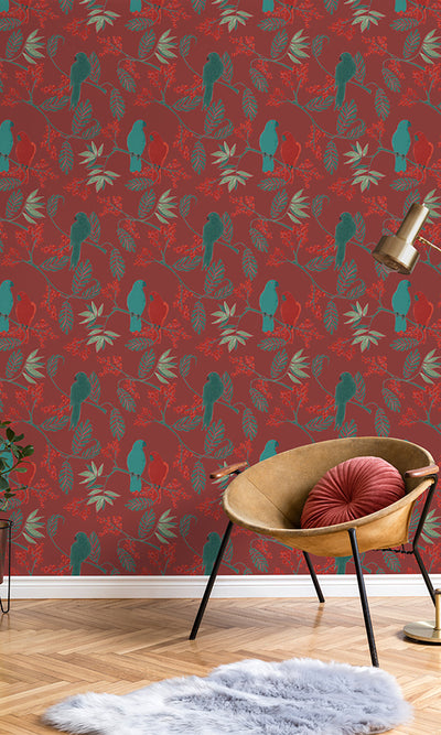 product image for Birds and Berries Tropical Red Wallpaper by Walls Republic 19