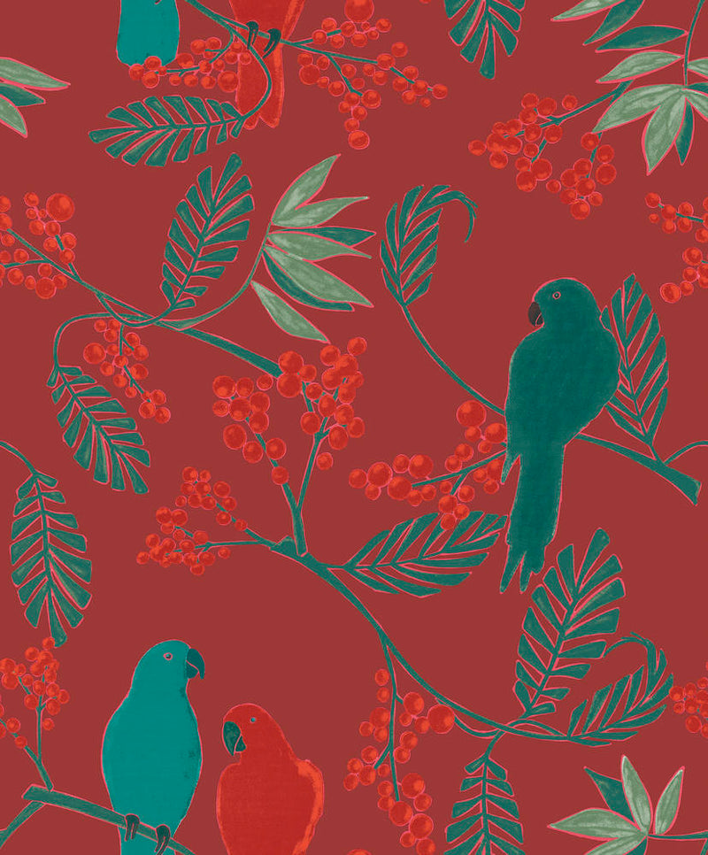 media image for Birds and Berries Tropical Red Wallpaper by Walls Republic 243