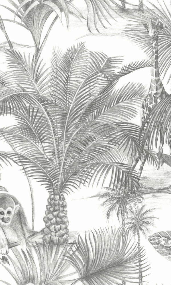 media image for Sketched Jungle Tropical Grey Wallpaper by Walls Republic 233