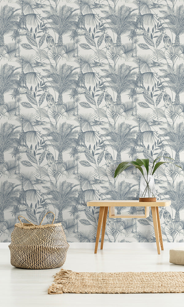 media image for Sketched Jungle Tropical Blue Wallpaper by Walls Republic 224