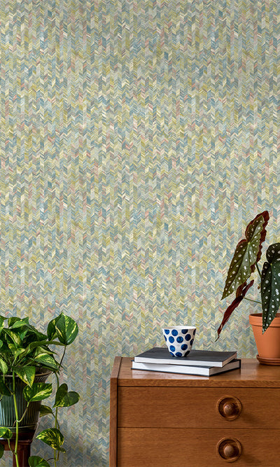 product image for Vivid Herringbone Coral and Blue Geometric Wallpaper by Walls Republic 19