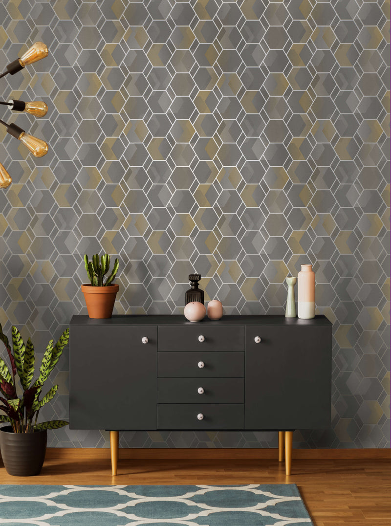 media image for Structured Hexagonal Grey and Yellow Geometric Wallpaper by Walls Republic 289