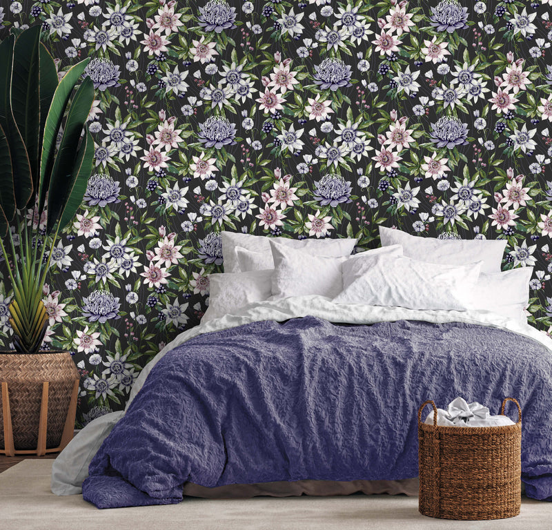 media image for Summer Floral Tropical Black Wallpaper by Walls Republic 245