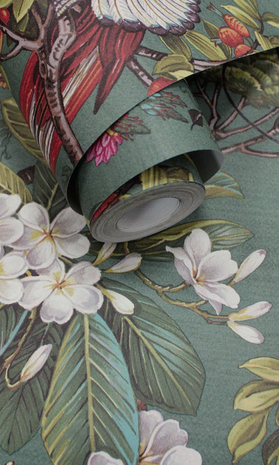 product image for Green Painted Oriental Birds and Trees Tropical Wallpaper by Walls Republic 62