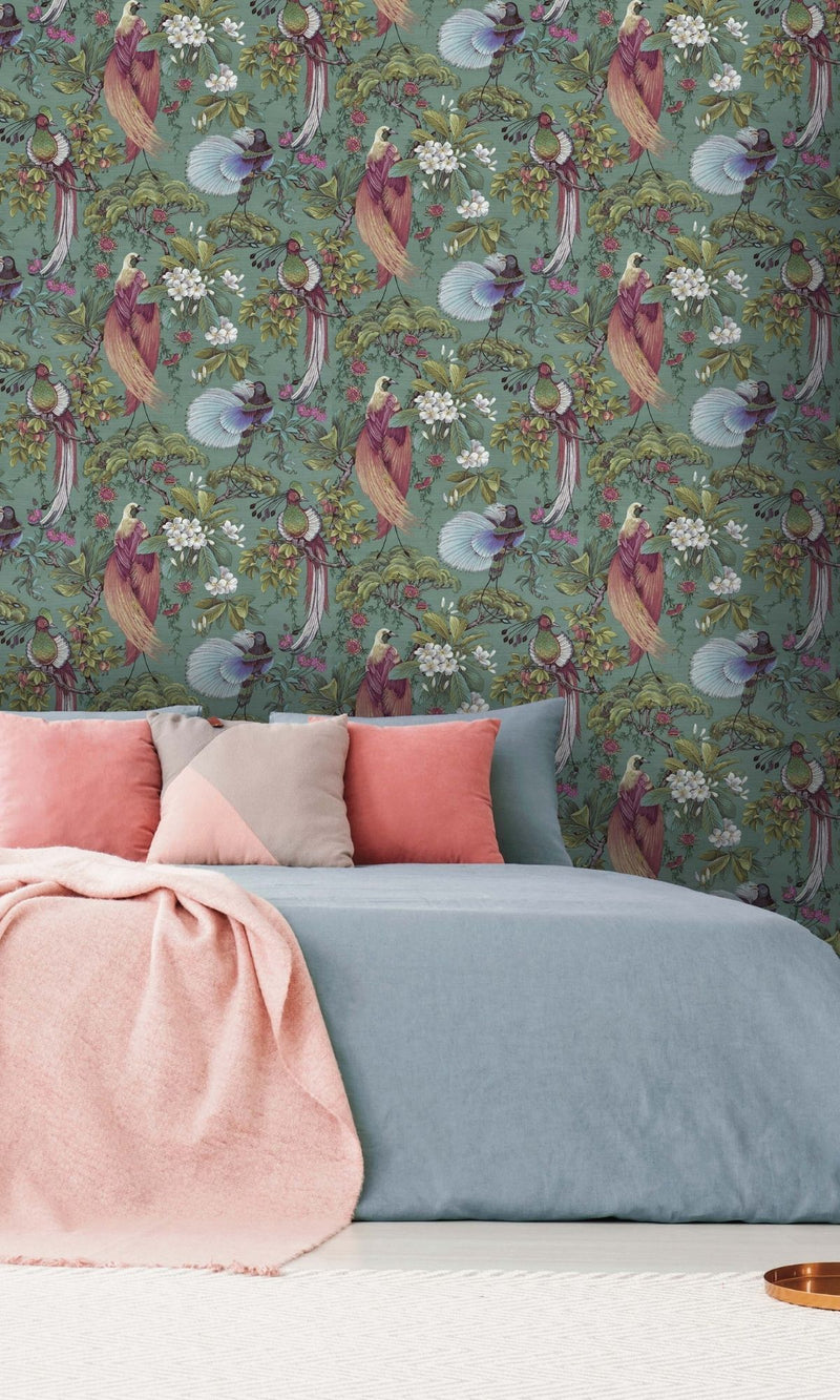 media image for Green Painted Oriental Birds and Trees Tropical Wallpaper by Walls Republic 288