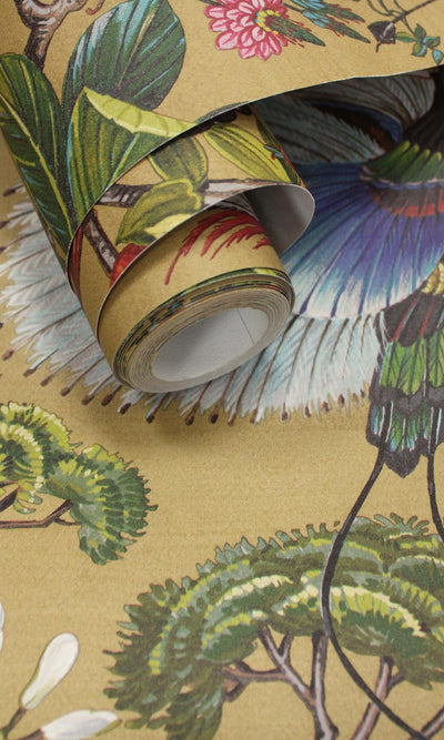 product image for Ochre Painted Oriental Birds and Trees Tropical Wallpaper by Walls Republic 2