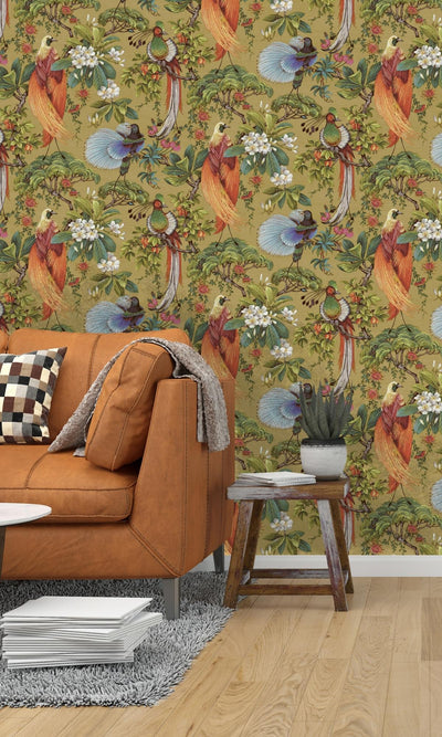 product image for Ochre Painted Oriental Birds and Trees Tropical Wallpaper by Walls Republic 4