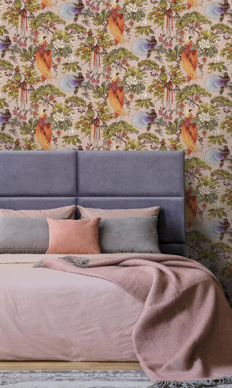 media image for Pink Painted Oriental Birds and Trees Tropical Wallpaper by Walls Republic 228