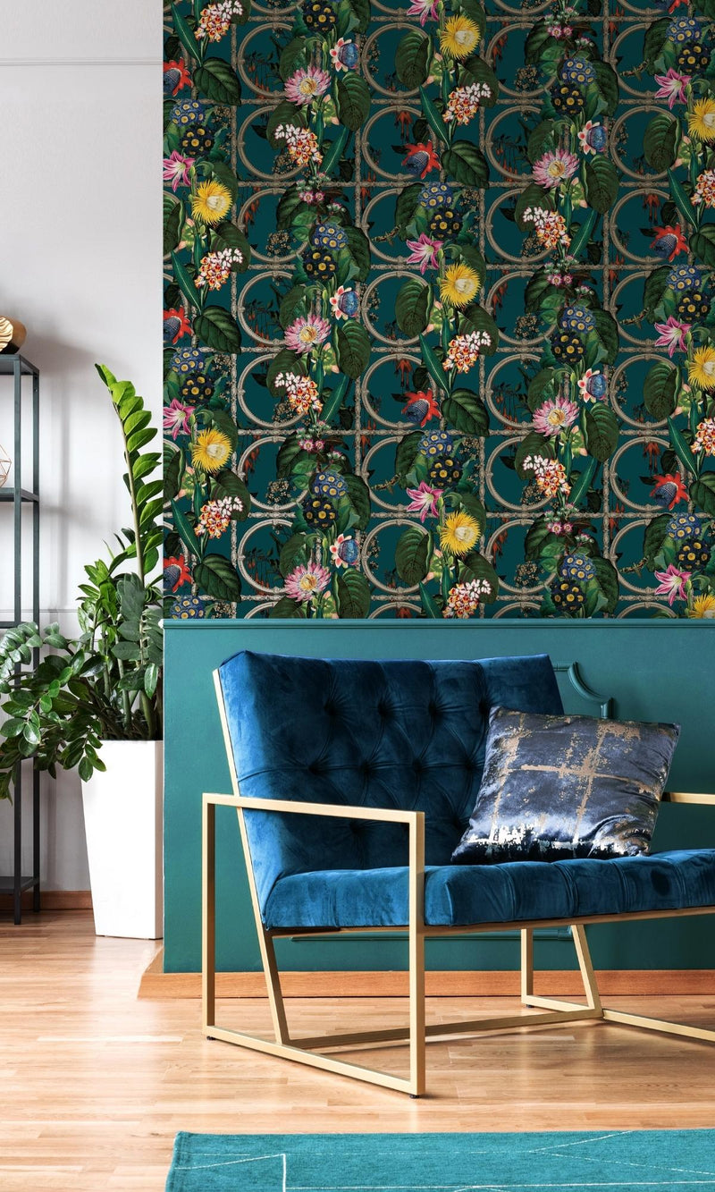 media image for Teal Metallic Bold Flowers and Leaves Floral Wallpaper by Walls Republic 259