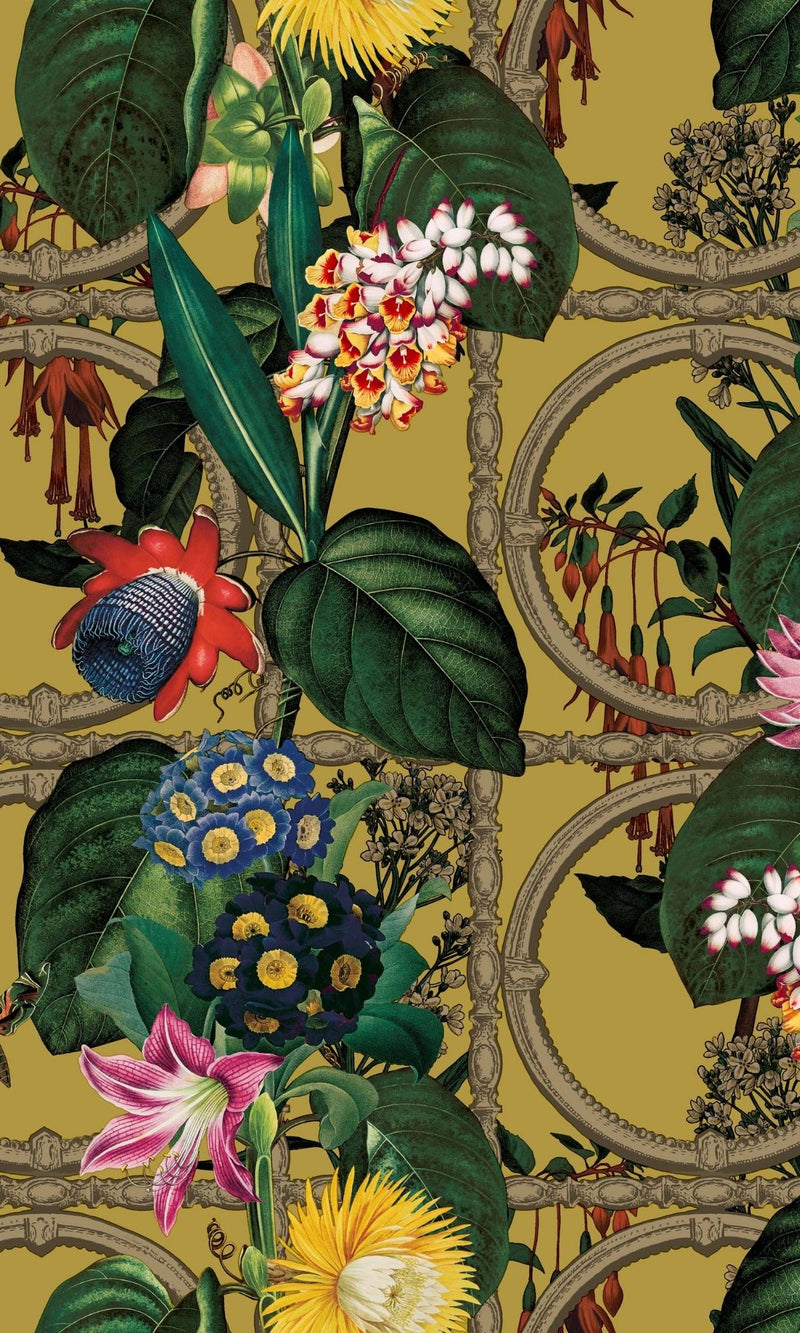 media image for Ochre Metallic Bold Flowers and Leaves Floral Wallpaper by Walls Republic 230