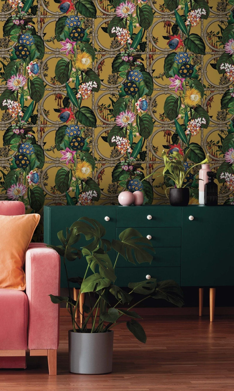 media image for Ochre Metallic Bold Flowers and Leaves Floral Wallpaper by Walls Republic 211
