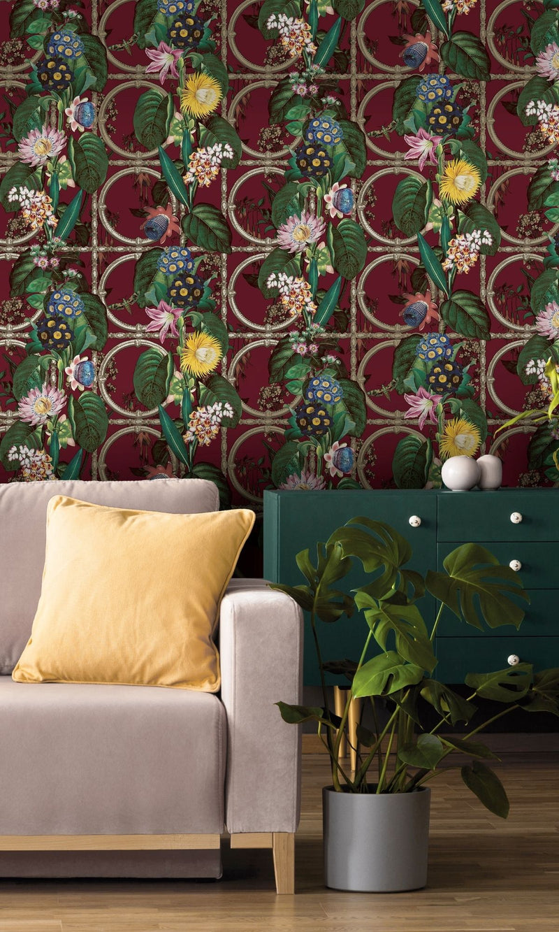 media image for Burgundy Metallic Bold Flowers and Leaves Floral Wallpaper by Walls Republic 284