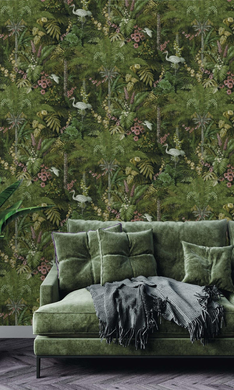 media image for Green Tropical Paradise Botanical Wallpaper by Walls Republic 262