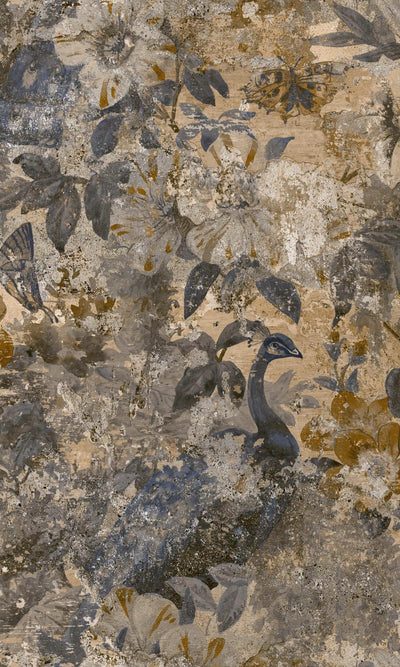 product image for Navy Flowers and Peacock in Distressed Concrete Wallpaper by Walls Republic 21