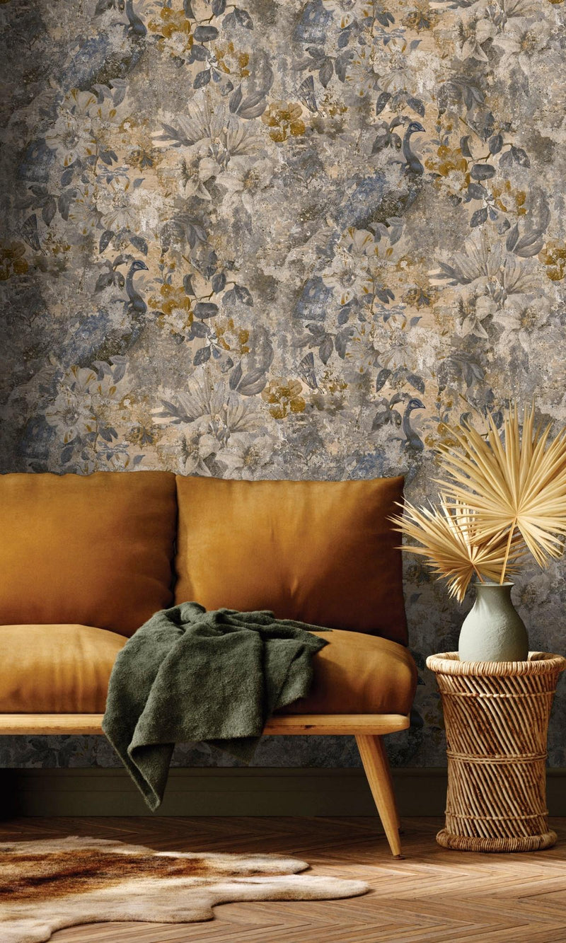 media image for Navy Flowers and Peacock in Distressed Concrete Wallpaper by Walls Republic 291
