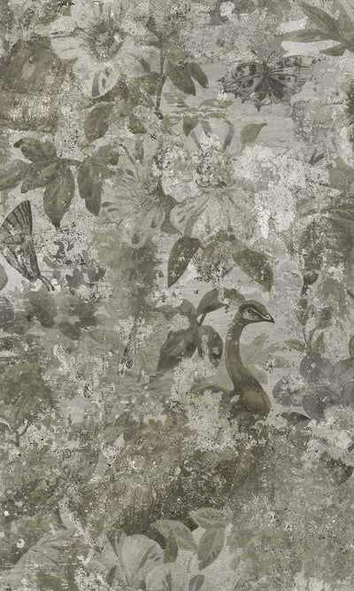 product image of Natural Flowers and Peacock in Distressed Concrete Wallpaper by Walls Republic 551