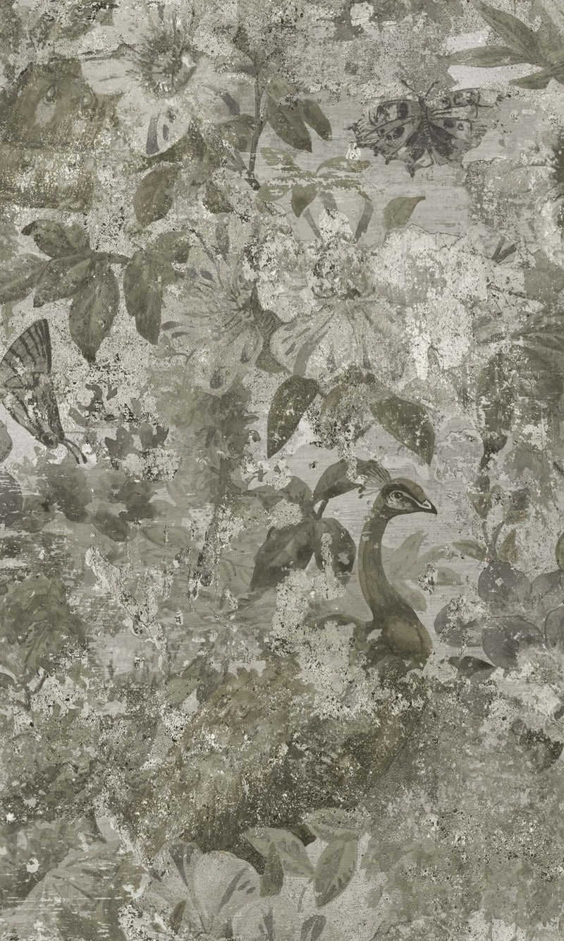 media image for Natural Flowers and Peacock in Distressed Concrete Wallpaper by Walls Republic 216
