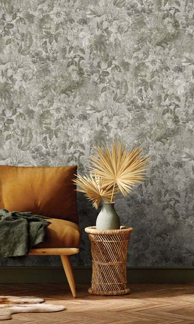 product image for Natural Flowers and Peacock in Distressed Concrete Wallpaper by Walls Republic 64