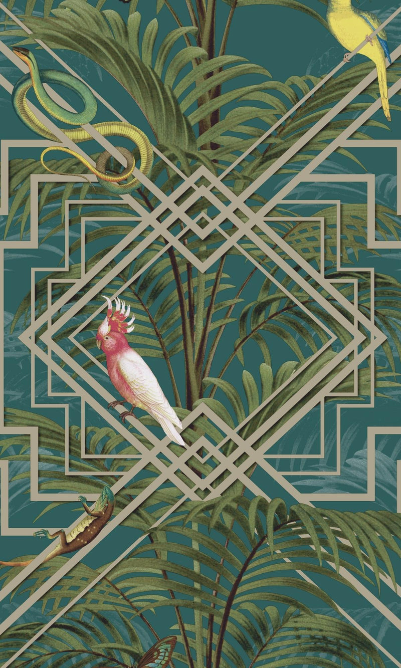 media image for Turquoise Art Deco Geometric Tropical Wallpaper by Walls Republic 277