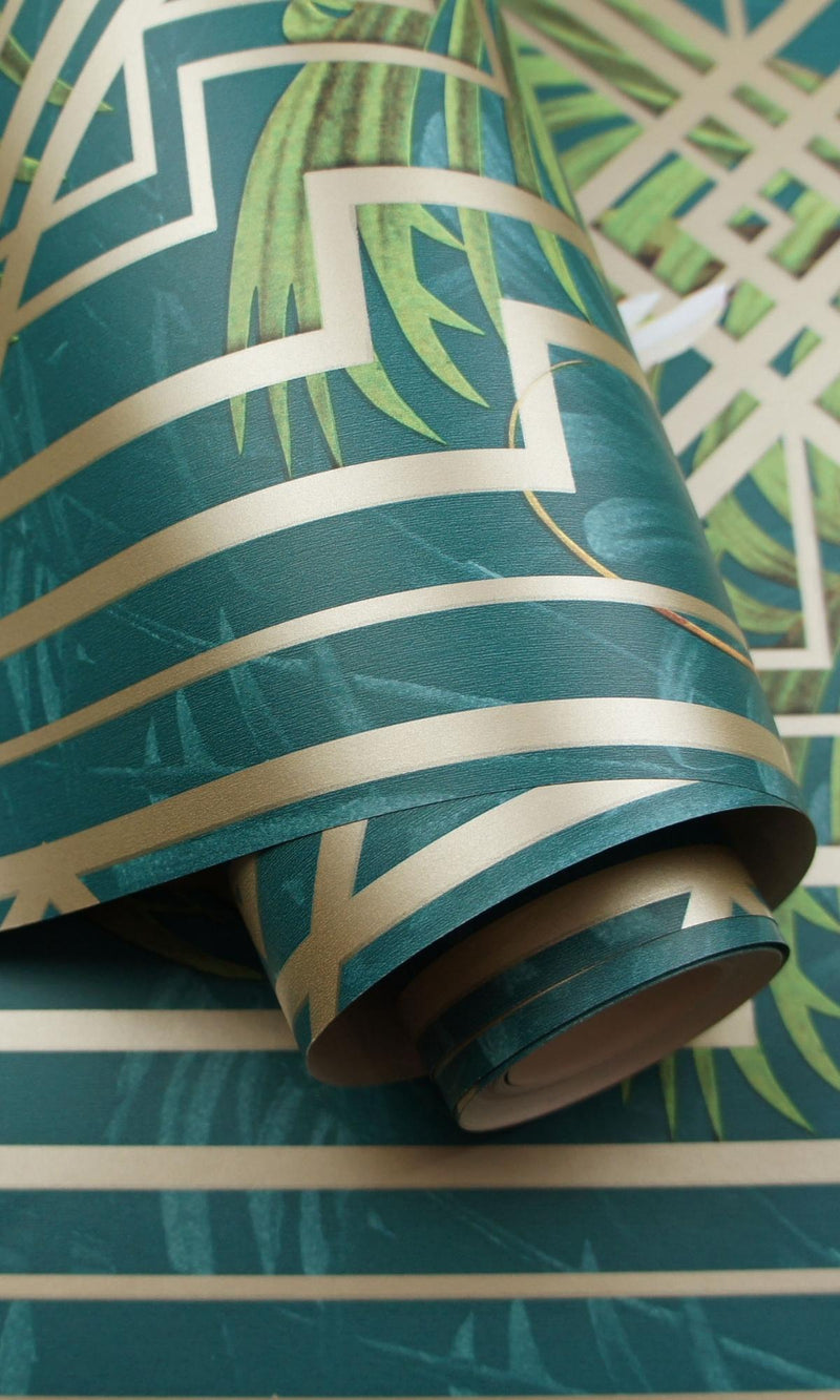 media image for Turquoise Art Deco Geometric Tropical Wallpaper by Walls Republic 298