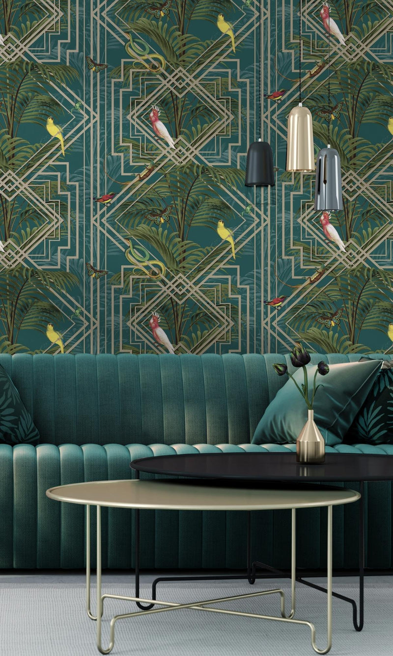 media image for Turquoise Art Deco Geometric Tropical Wallpaper by Walls Republic 238