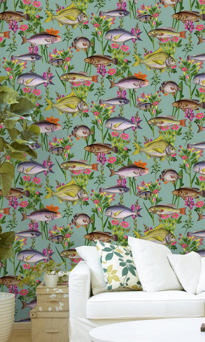 product image for Flowers and Fishes Teal Floral Wallpaper by Walls Republic 1