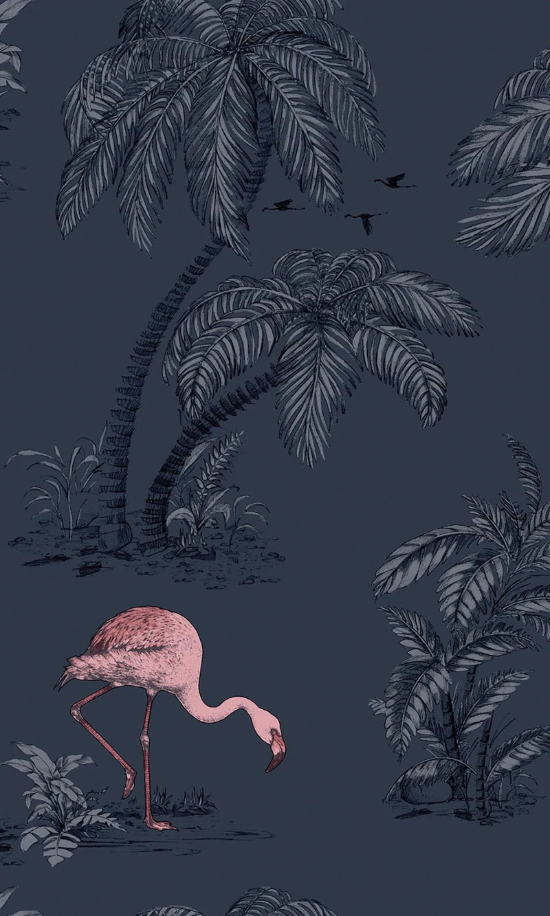 media image for Tropical Leaves Midnight Blue and Pink Flamingo Wallpaper by Walls Republic 28