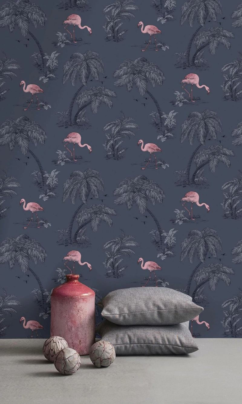 media image for Tropical Leaves Midnight Blue and Pink Flamingo Wallpaper by Walls Republic 266