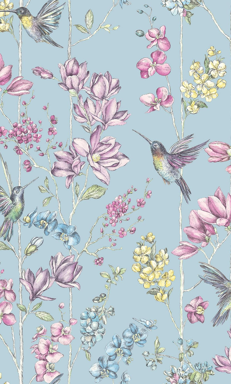 media image for Painted Flowers and Hummingbirds Duck Egg and Pink Floral Wallpaper by Walls Republic 265