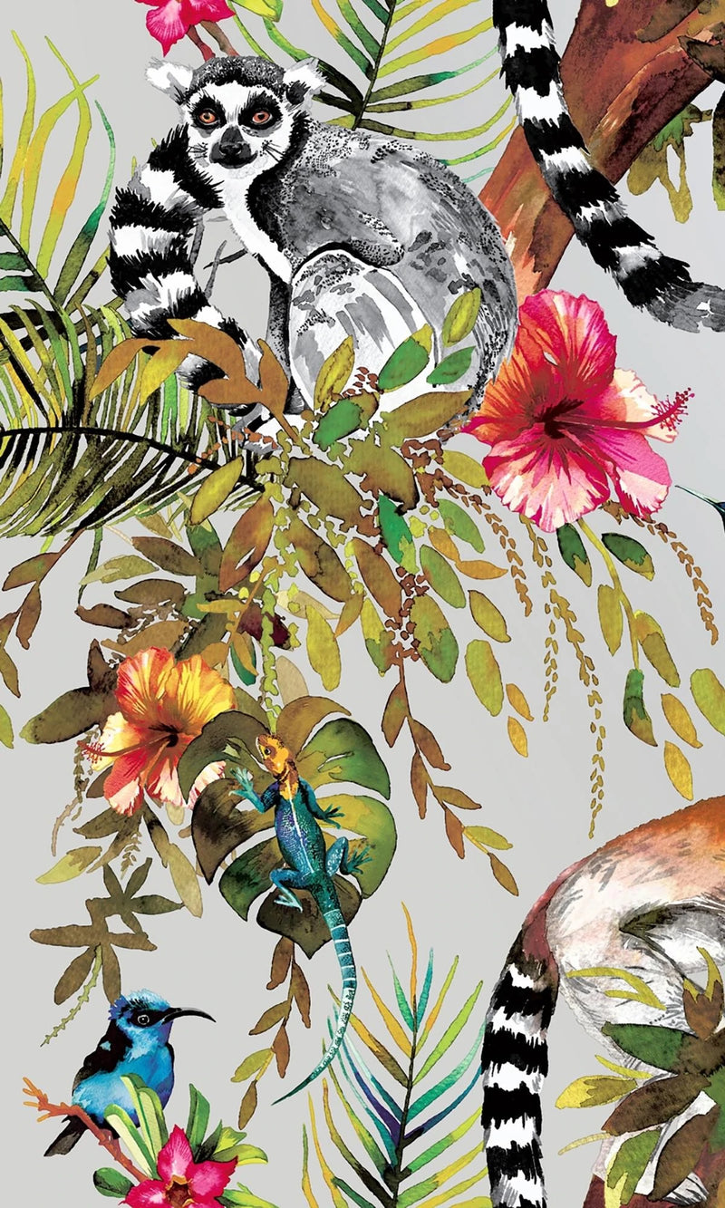 media image for Lemur in Tropical Rainforest Silver Floral Wallpaper by Walls Republic 251