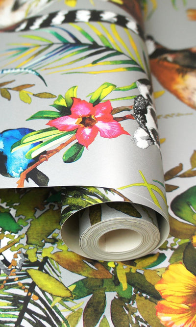 product image for Lemur in Tropical Rainforest Silver Floral Wallpaper by Walls Republic 85