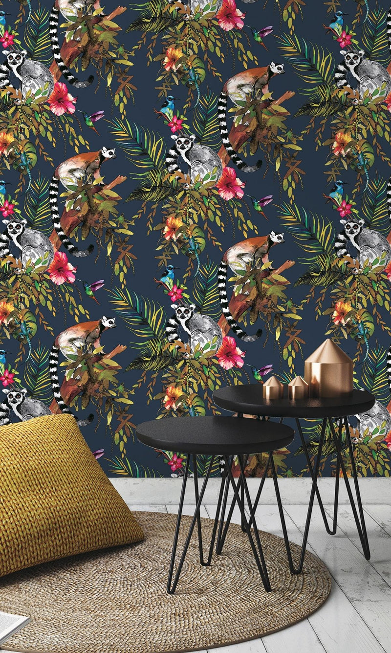 media image for Lemur in Tropical Rainforest Blue Floral Wallpaper by Walls Republic 28