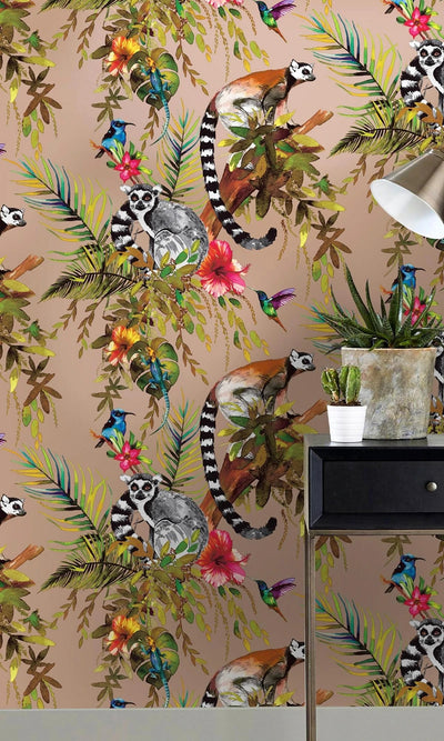 product image for Lemur in Tropical Rainforest Rose Gold Floral Wallpaper by Walls Republic 68