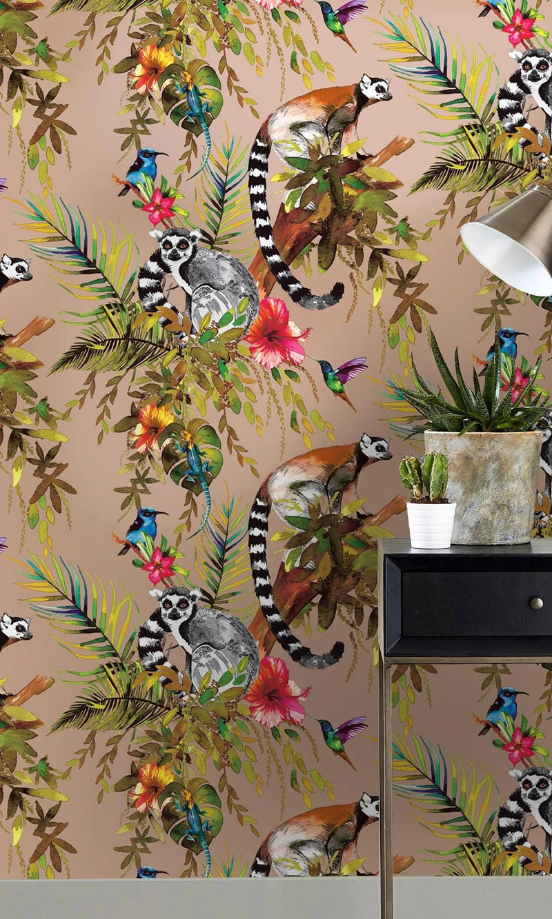 media image for Lemur in Tropical Rainforest Rose Gold Floral Wallpaper by Walls Republic 217